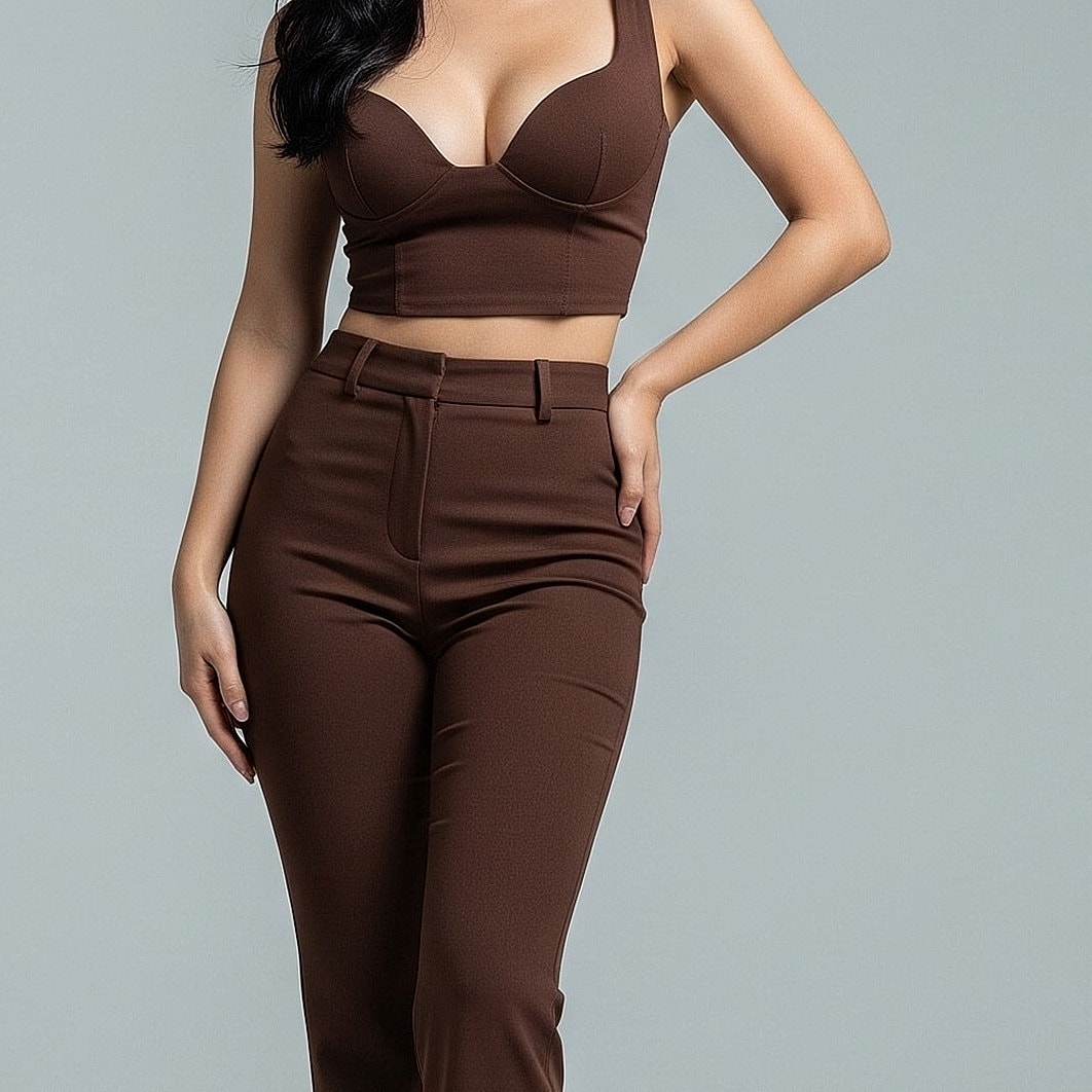 Woman posing in stylish brown outfit.